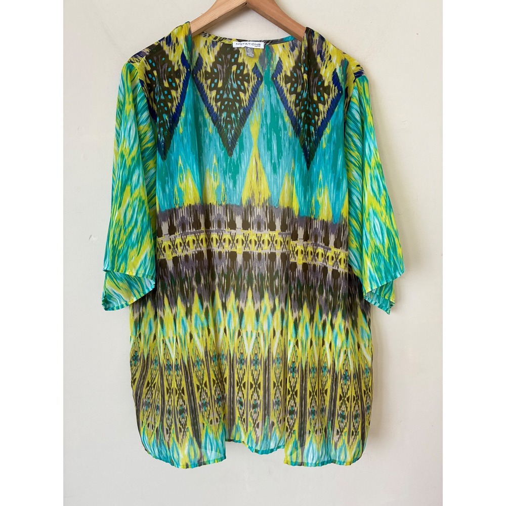 Notations Petite PL Y2K Sheer Ikat Print Open Front Cardigan Teal Lime Retro